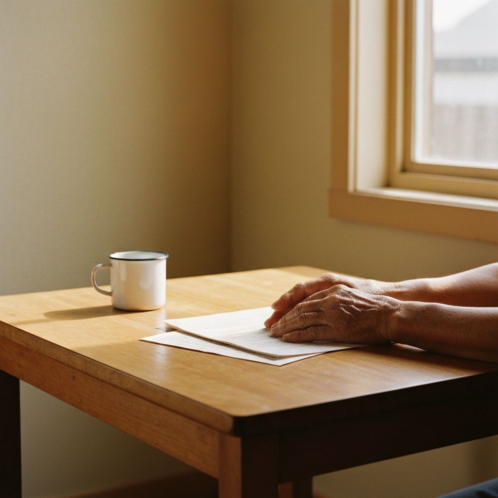 Hands of an elder resting beside a folded document in warm afternoon window light.